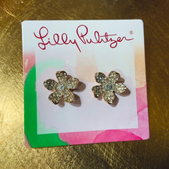 Lilly Pulitzer EARRINGS “Beach Club Blooms” GOLD FLOWER 🩷 Crystal PIERCED - Picture 6 of 6